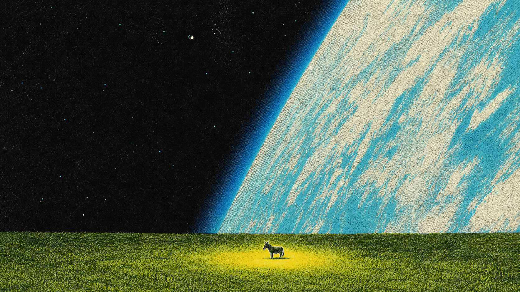 A lone donkey on a green meadow under an enormous blue planet